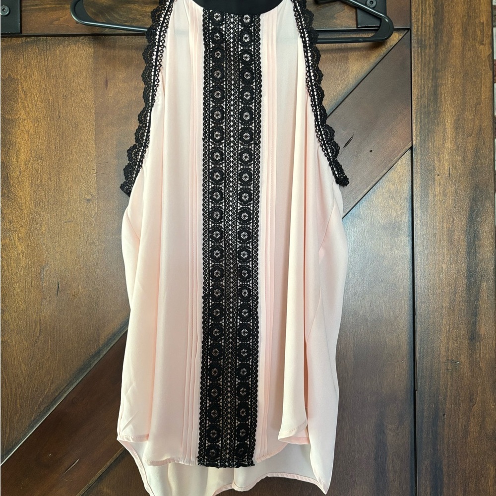 New York & Company Pink and Black Lace Trim Top